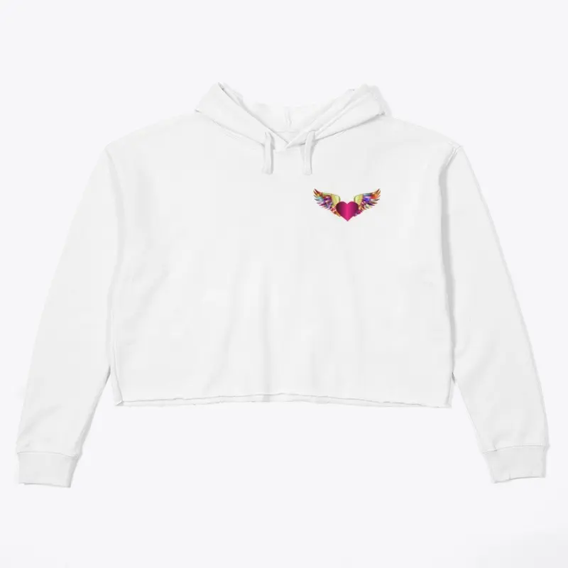 Rainbow wing heart on white crop hoodie